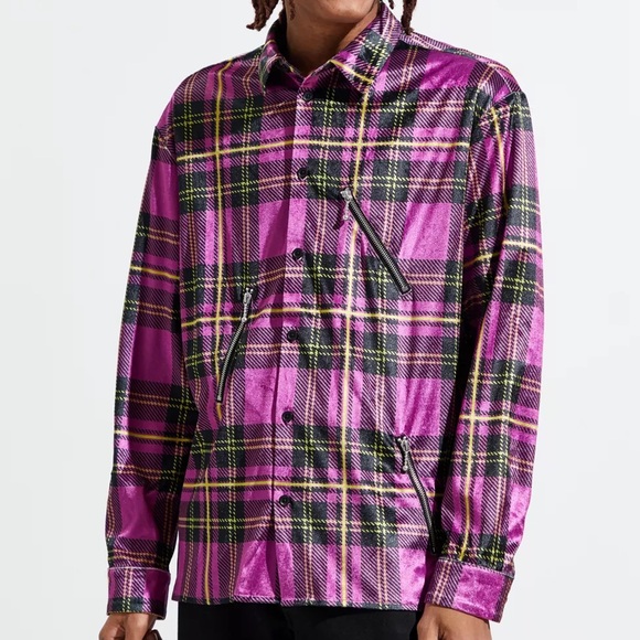 URBAN OUTFITTERS | NWOT | Plaid Zipper Long Sleeve Velour Button-Down Shirt - Picture 1 of 10